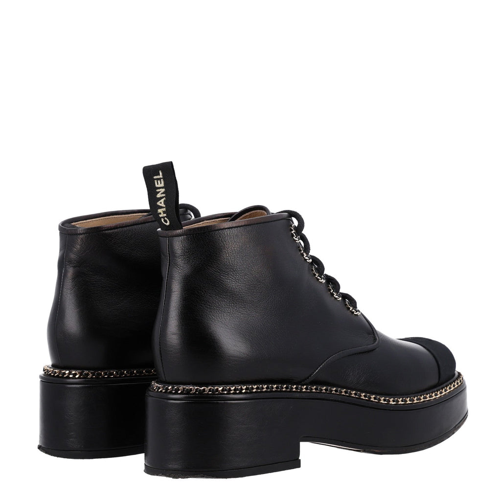 Calfskin Grosgrain Chain Lace Up CC Short Boots 41 Black