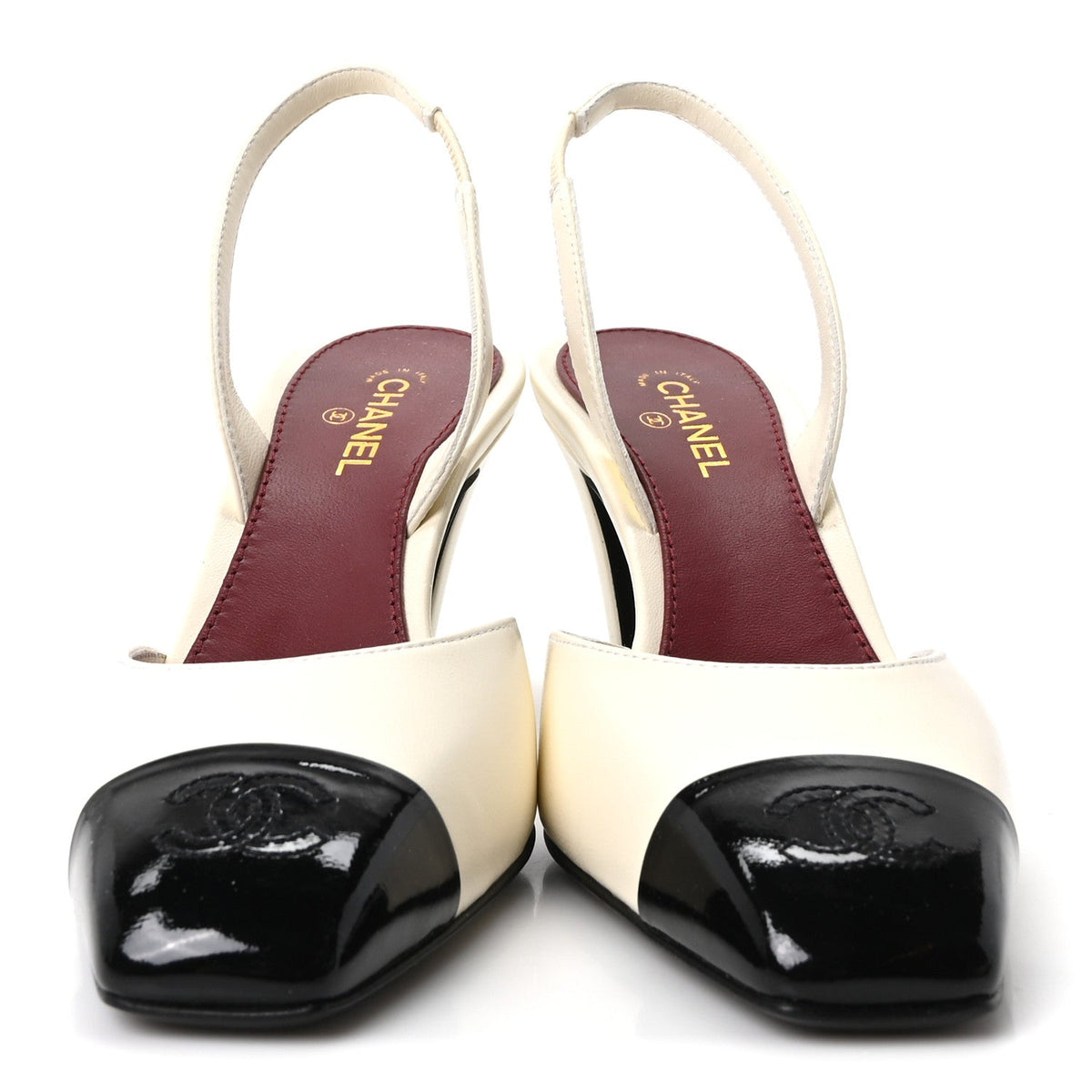 Lambskin Patent Calfskin Cap Toe CC Slingback Pumps 37.5 Ivory Black