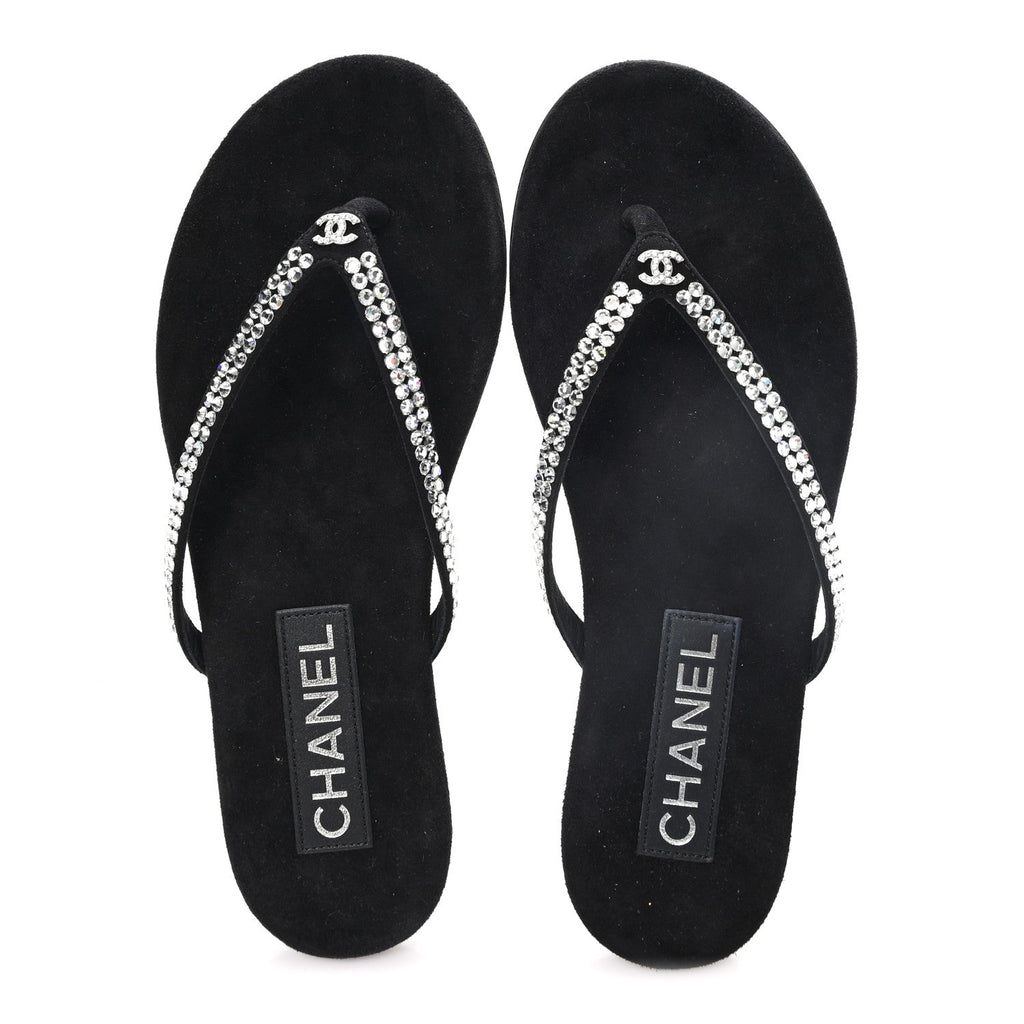 Suede Kidskin Strass CC Thong Sandals 36 Black