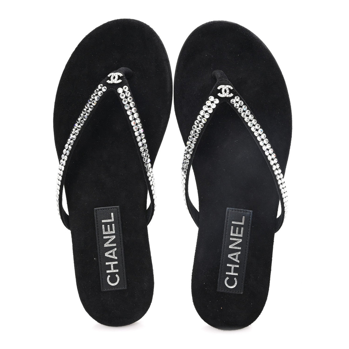 Suede Kidskin Strass CC Thong Sandals 36 Black