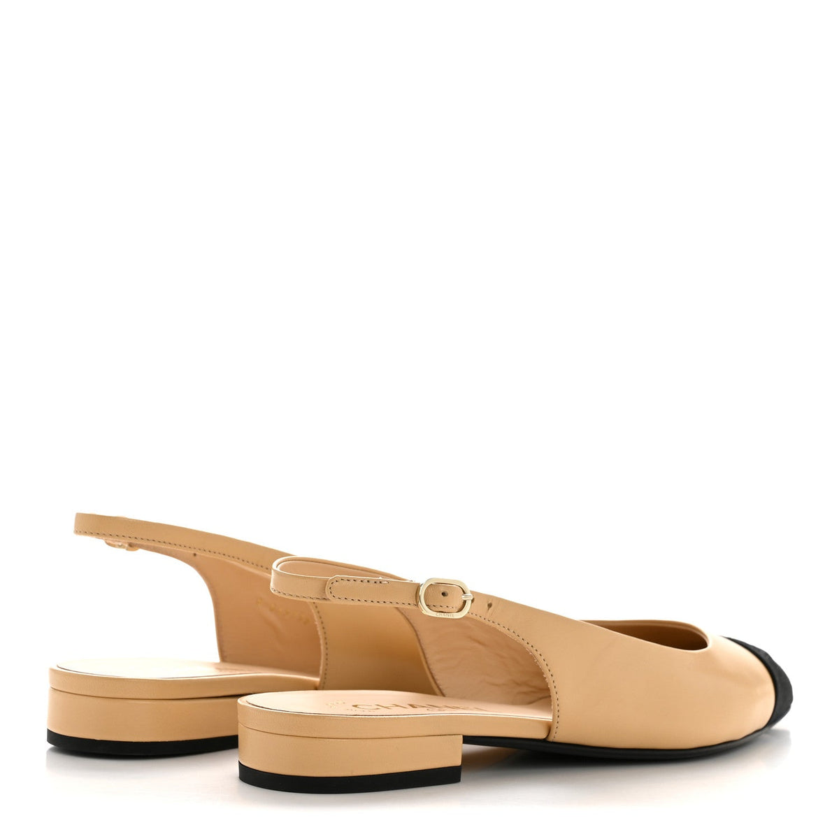 Goatskin Grosgrain Pointed Toe CC Slingback Flats 37.5 Beige Black