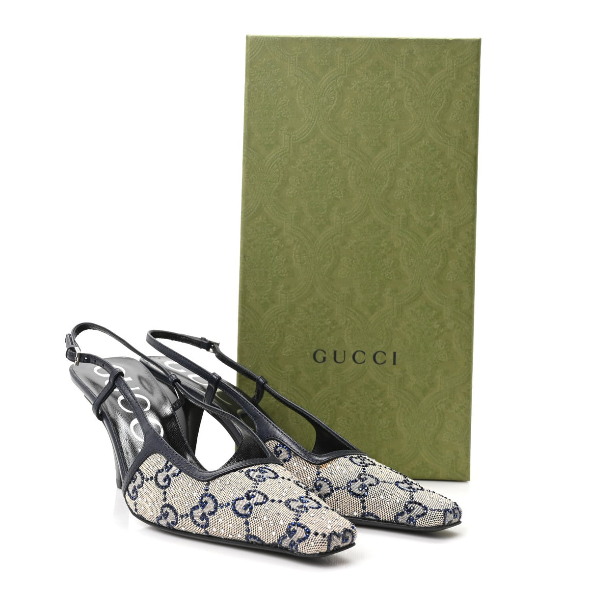 GG Monogram Malaga Kid Crystal Square G 75mm Slingback Pumps 36.5 Beige Blue