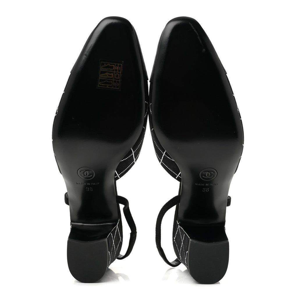 Suede Crystal Grosgrain Cap Toe CC Slingback Pumps 38 Black Silver