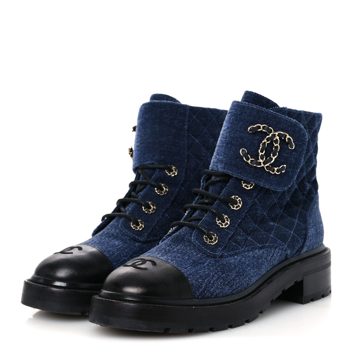 Shiny Calfskin Velvet Quilted Lace Up Combat Boots 39.5 Blue Black