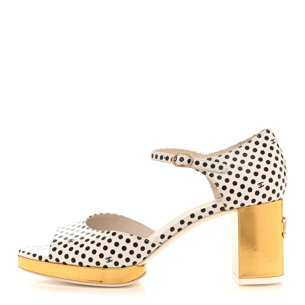 Printed Calfskin Polka Dot CC Platform Sandals 36.5 Ivory Black 37 Ivory Black