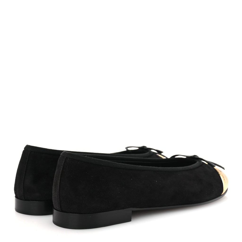 Suede Crackled Laminated Calfskin Cap Toe Ballerina Flats 36.5 Black Gold