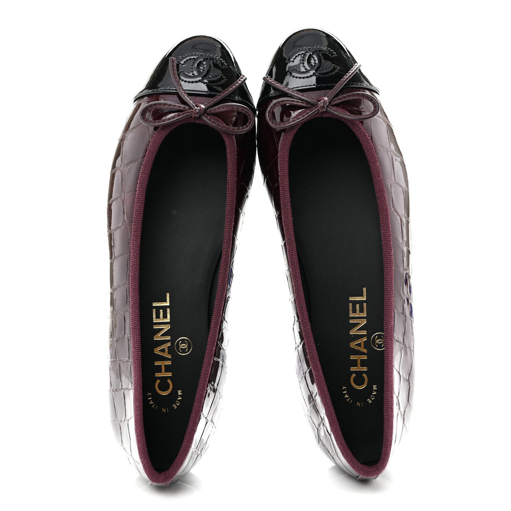 Patent Calfskin Crocodile Embossed Ballerina Flats 37 Dark Burgundy Black