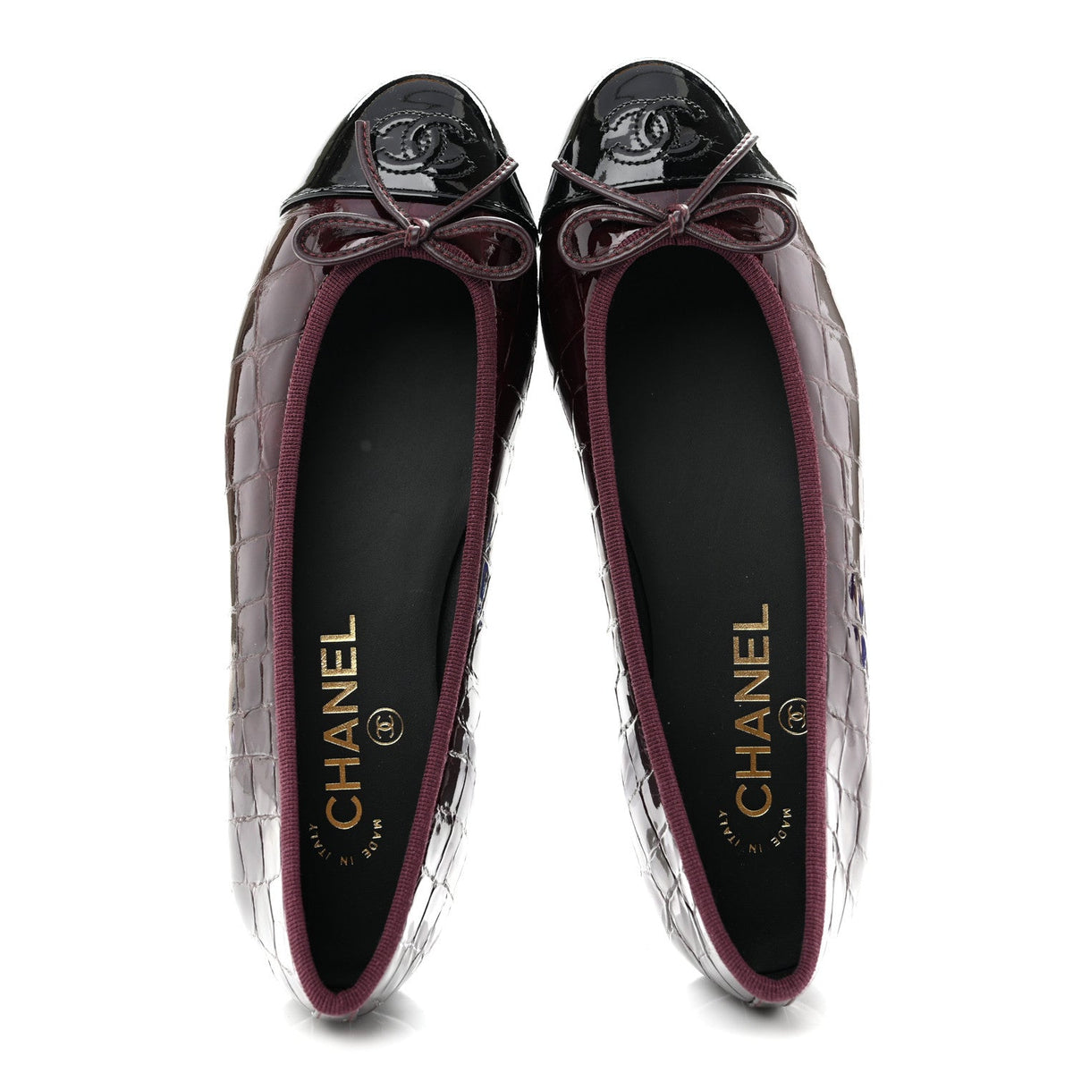 Patent Calfskin Crocodile Embossed Ballerina Flats 37 Dark Burgundy Black