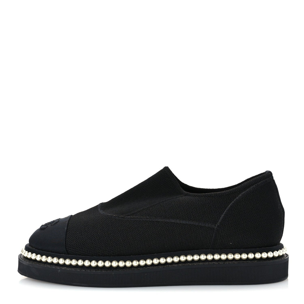 Stretch Fabric Grosgrain Pearl Cap Toe CC Moccasin Loafers 35.5 Black