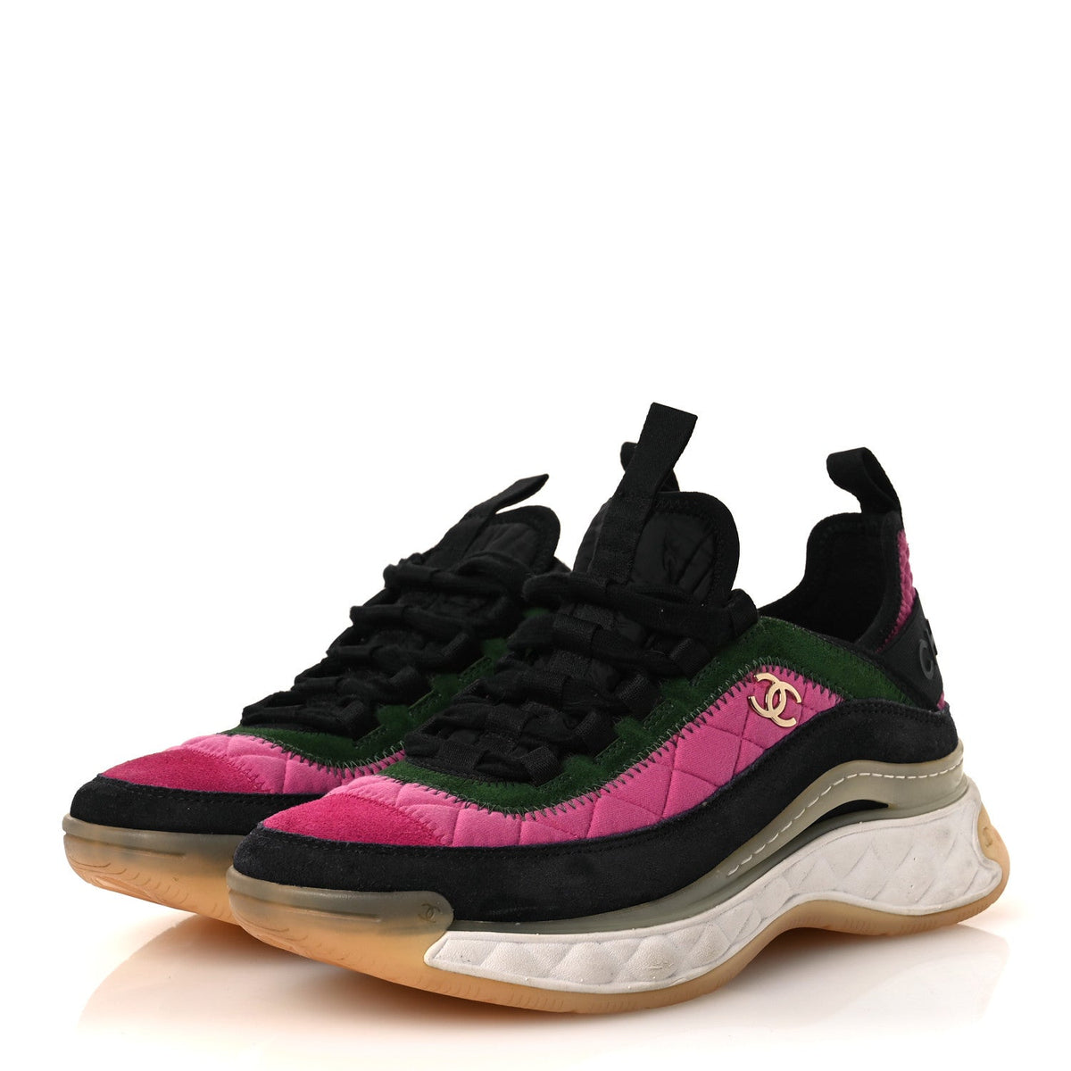 Velvet Calfskin Mixed Fibers CC Sneakers 38 Dark Pink Green