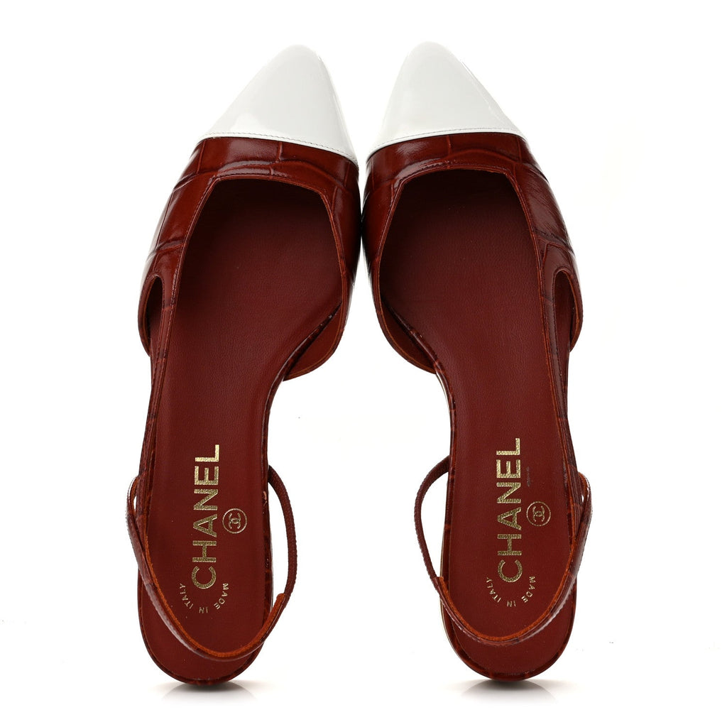 Patent Calfskin Crocodile Embossed Cap Toe CC Slingback Flats 37.5 Dark Red White