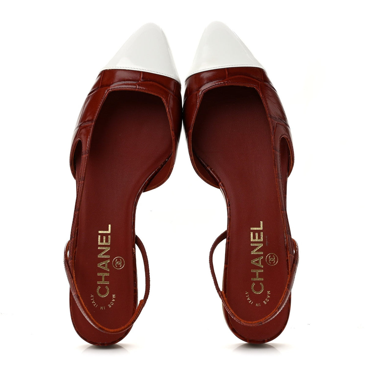 Patent Calfskin Crocodile Embossed Cap Toe CC Slingback Flats 37.5 Dark Red White