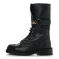 Shiny Calfskin Grosgrain Lace Up Combat Boots 36.5 Black