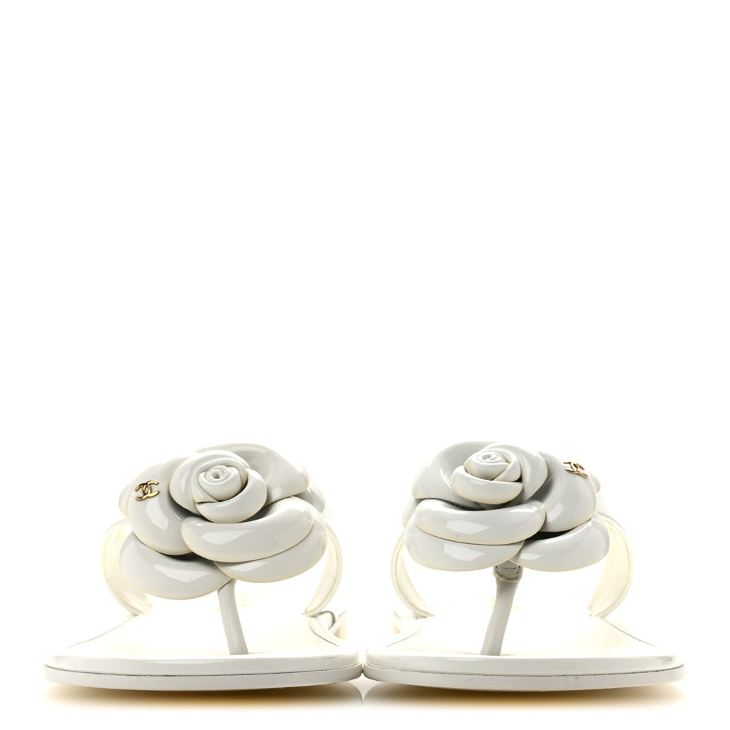 Patent Calfskin Camellia Thong Sandals 37.5 White