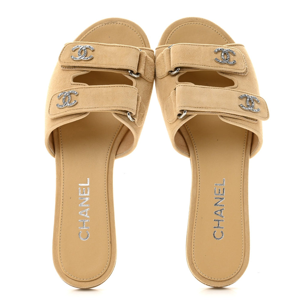 Suede Kidskin Velcro Mules 38 Beige