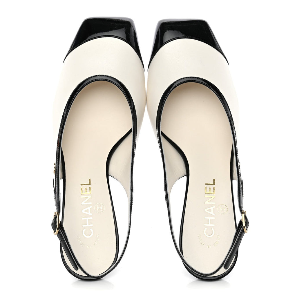 Lambskin Patent Calfskin Cap Toe CC Slingback Pumps 38 White Black