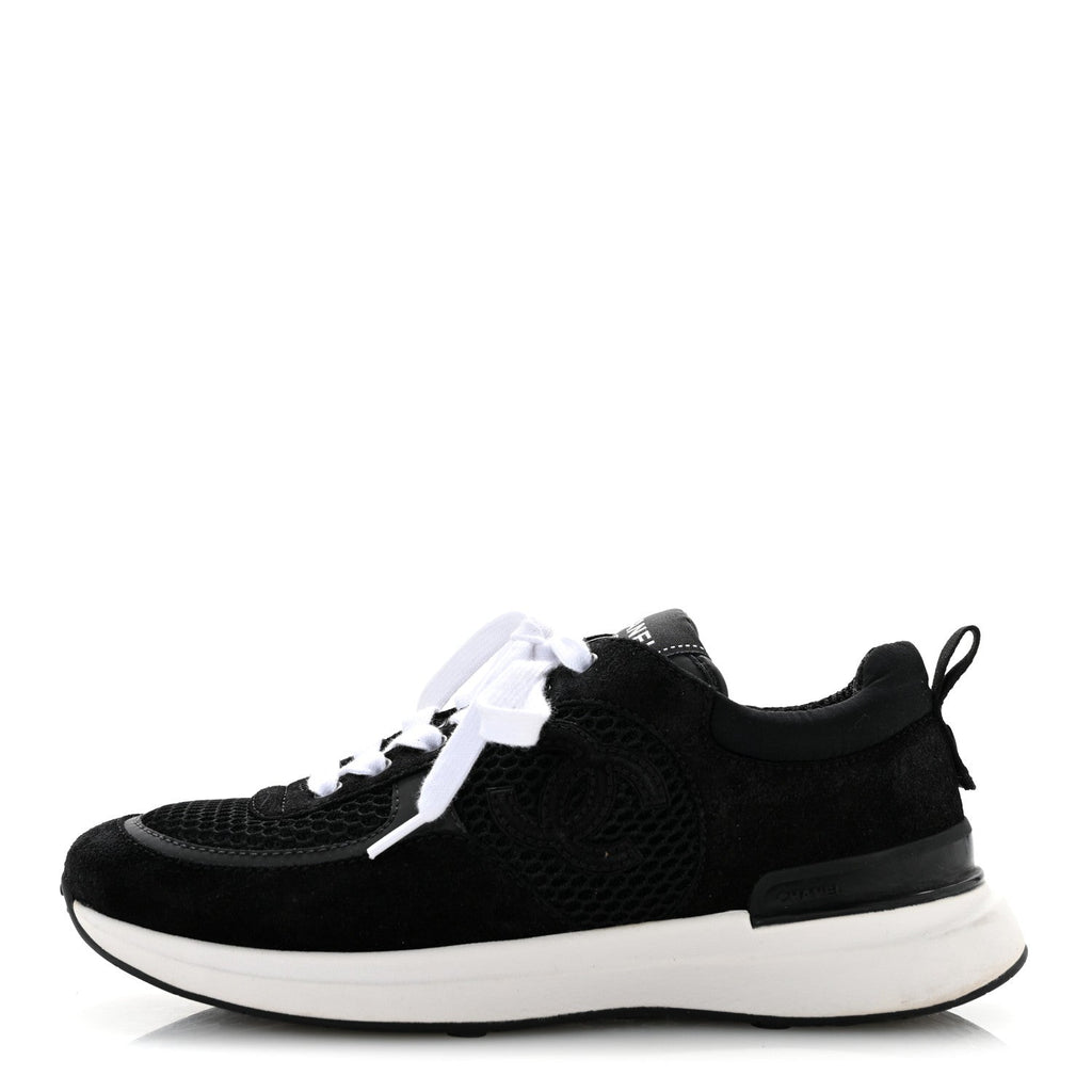 Calfskin Mesh Lycra Suede Womens Logo Sneakers 36 Black