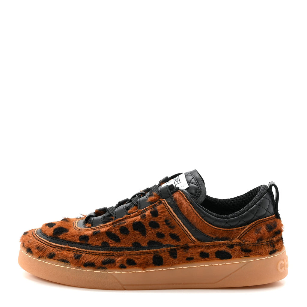 Lambskin Cheetah Print Quilted Sneakers 38.5 Brown Black
