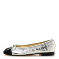 Laminated Goatskin Grosgrain Cap Toe CC Ballerina Flats 36 Silver Black