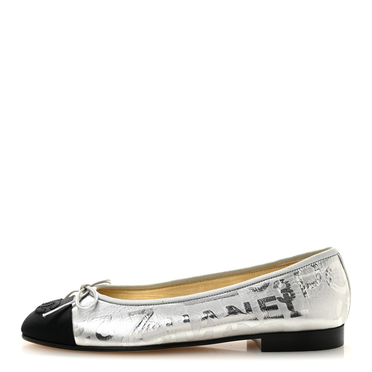 Laminated Goatskin Grosgrain Cap Toe CC Ballerina Flats 36 Silver Black