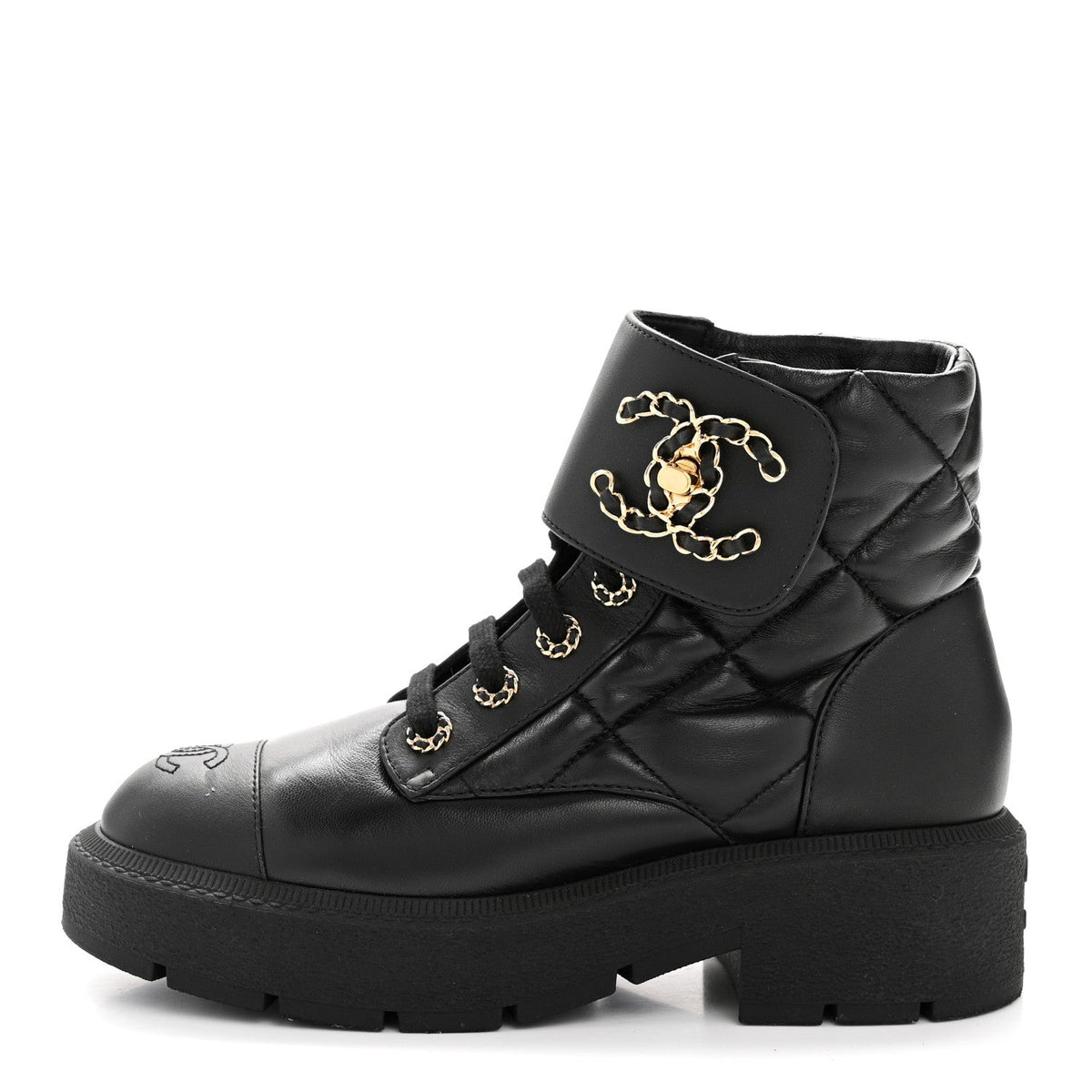 Lambskin Calfskin Quilted Lace Up Combat Boots 38 Black