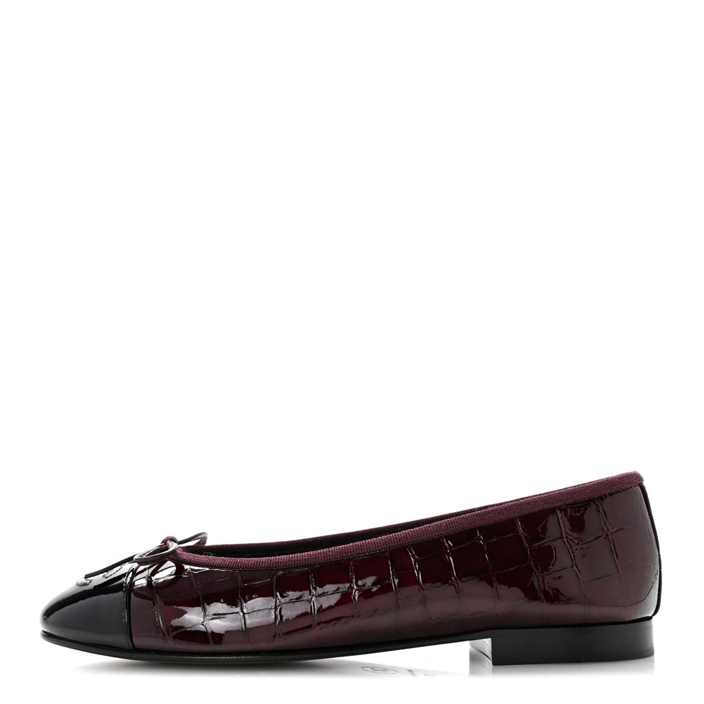 Patent Calfskin Crocodile Embossed Cap Toe CC Ballerina Flats 37 Dark Burgundy Black