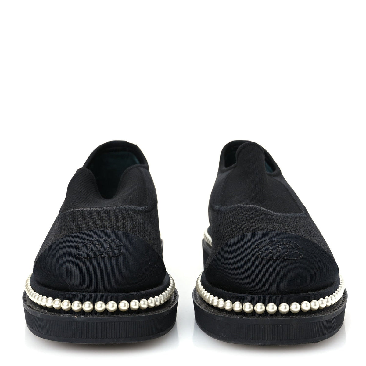Stretch Fabric Grosgrain Pearl Cap Toe CC Moccasin Loafers 35.5 Black