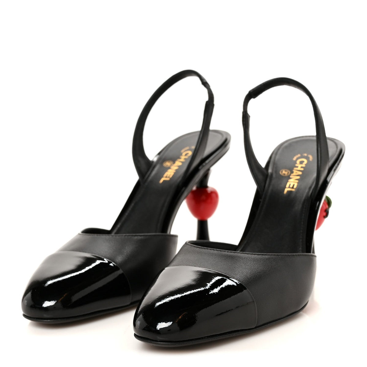 Lambskin Patent Cap Toe CC Apple Slingback Pumps 38 Black