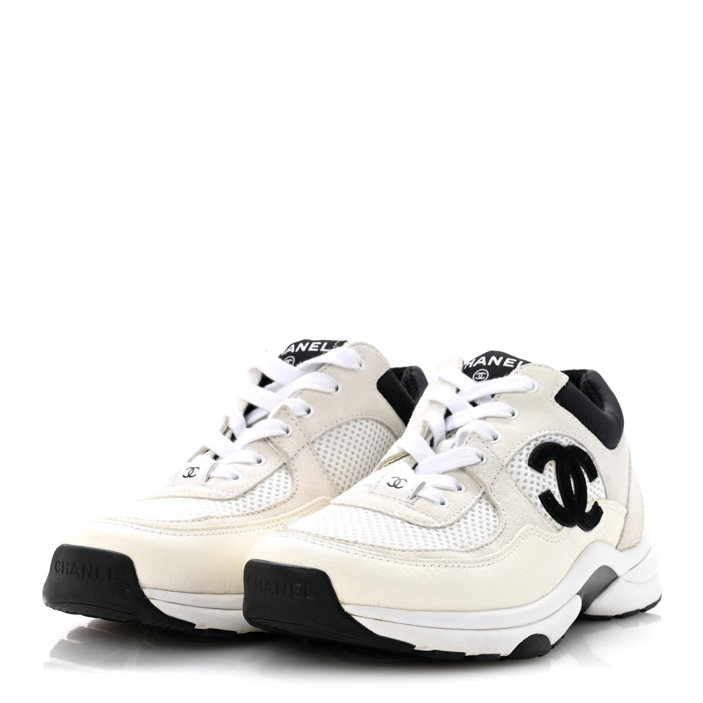 Mesh Suede Calfskin Grained Calfskin Womens CC Sneakers 37.5 White Black