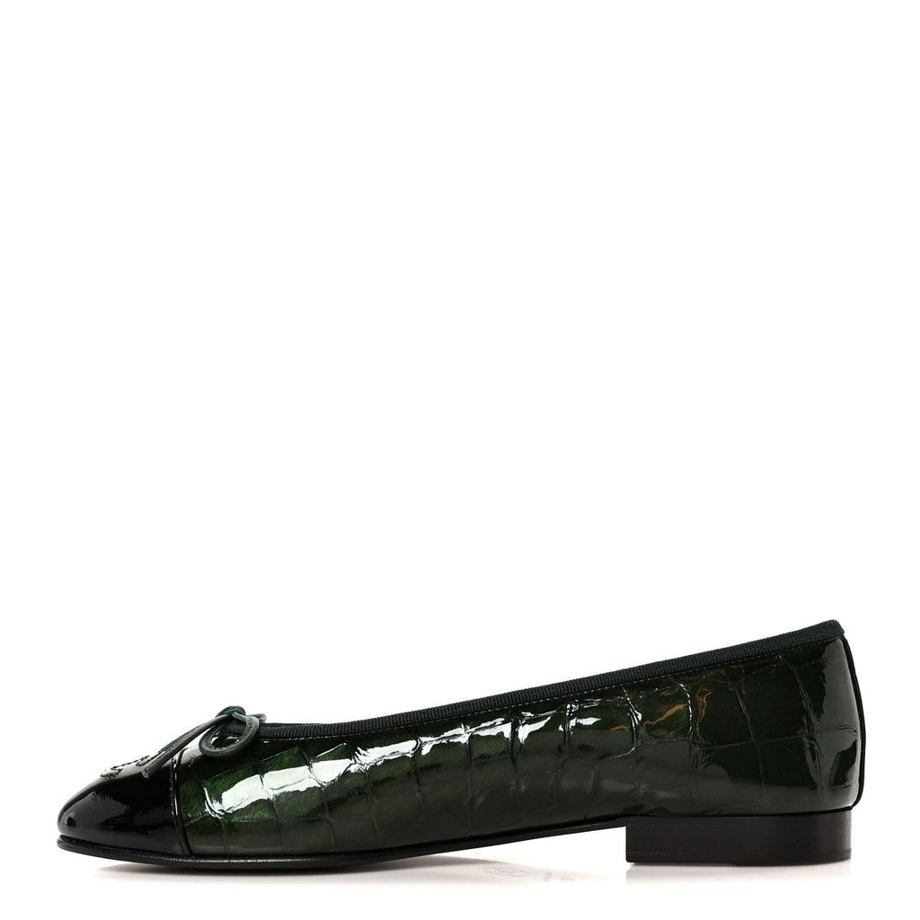 Patent Calfskin Crocodile Embossed Ballerina Flats 36.5 Dark Green Black