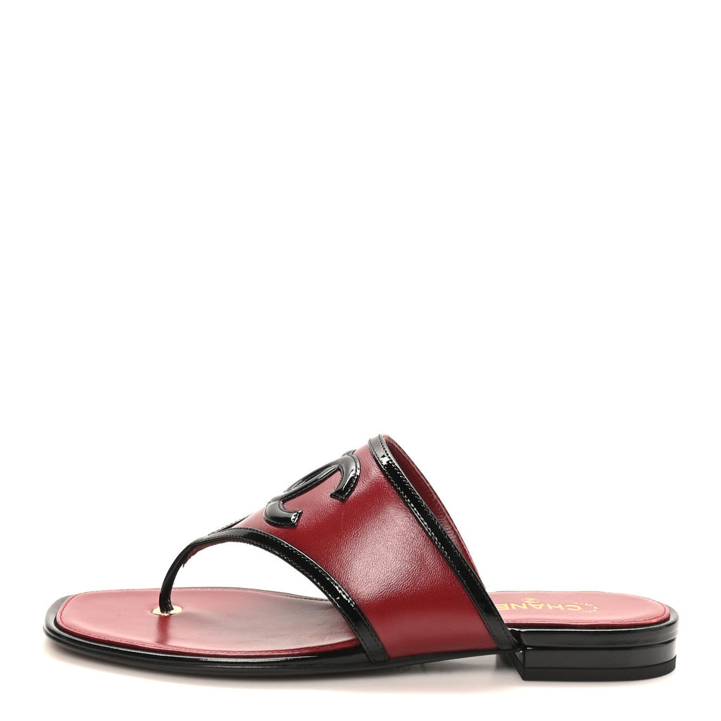Lambskin Patent Calfskin CC Thong Sandals 37 Burgundy Black