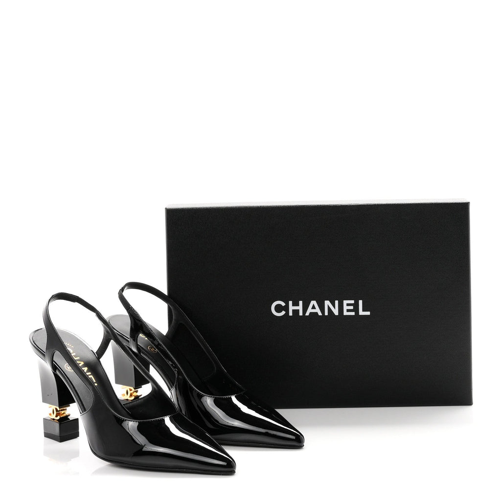 Patent Calfskin Slingback CC Cutout Pumps 36 Black