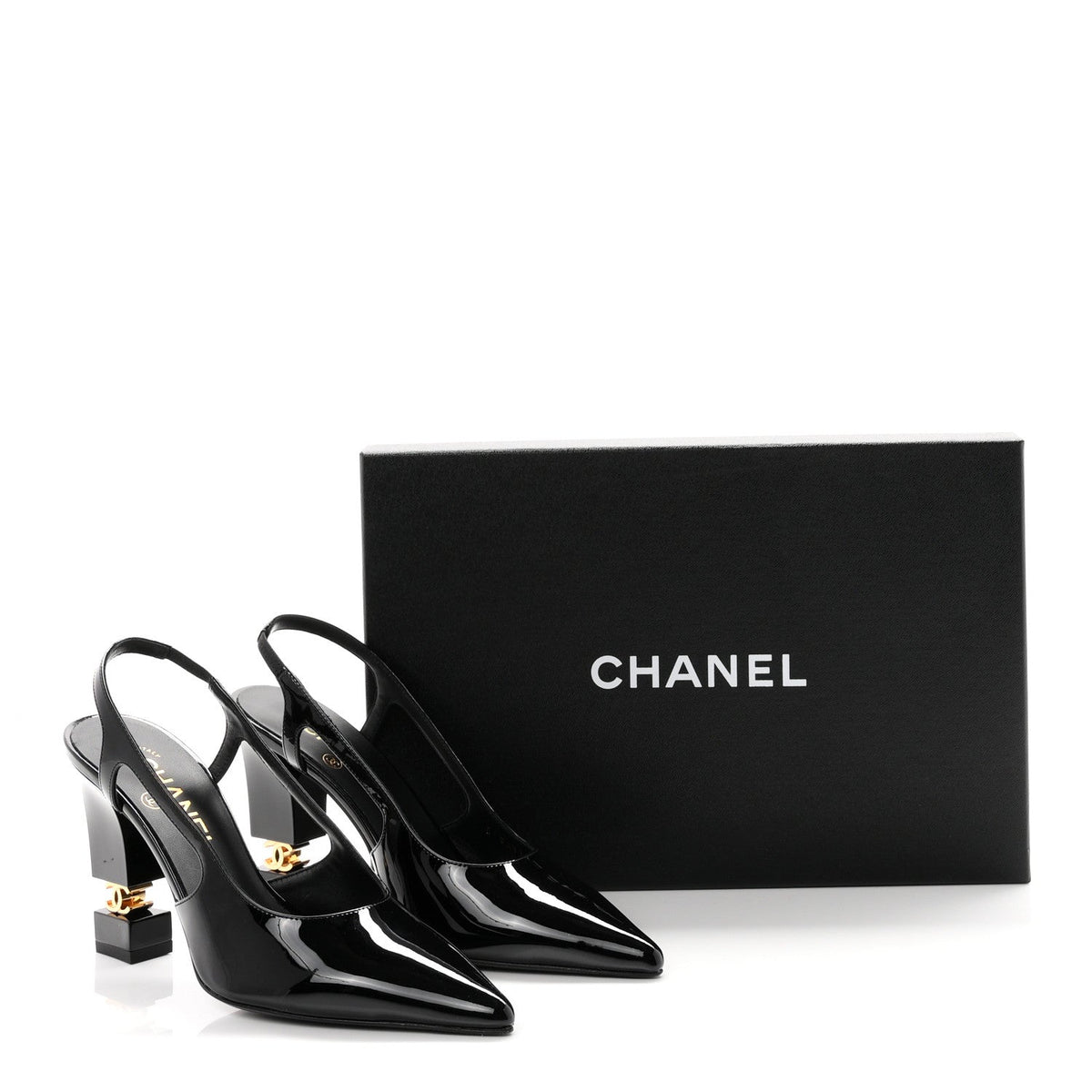 Patent Calfskin Slingback CC Cutout Pumps 36 Black