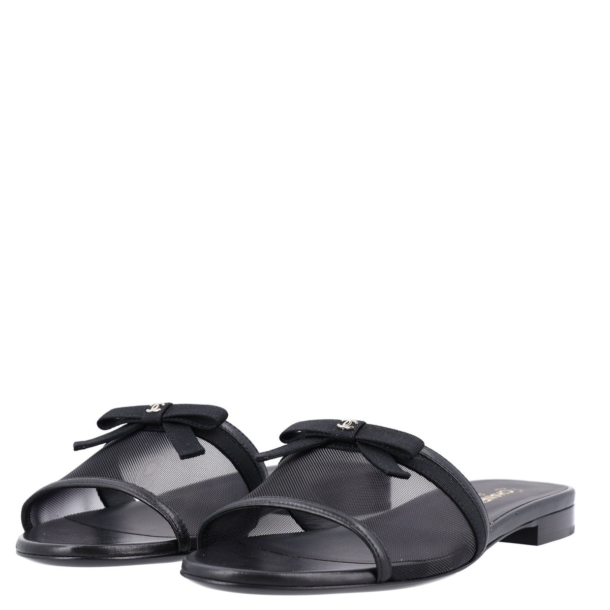 Mesh Lambskin CC Bow Mules 39.5 Black