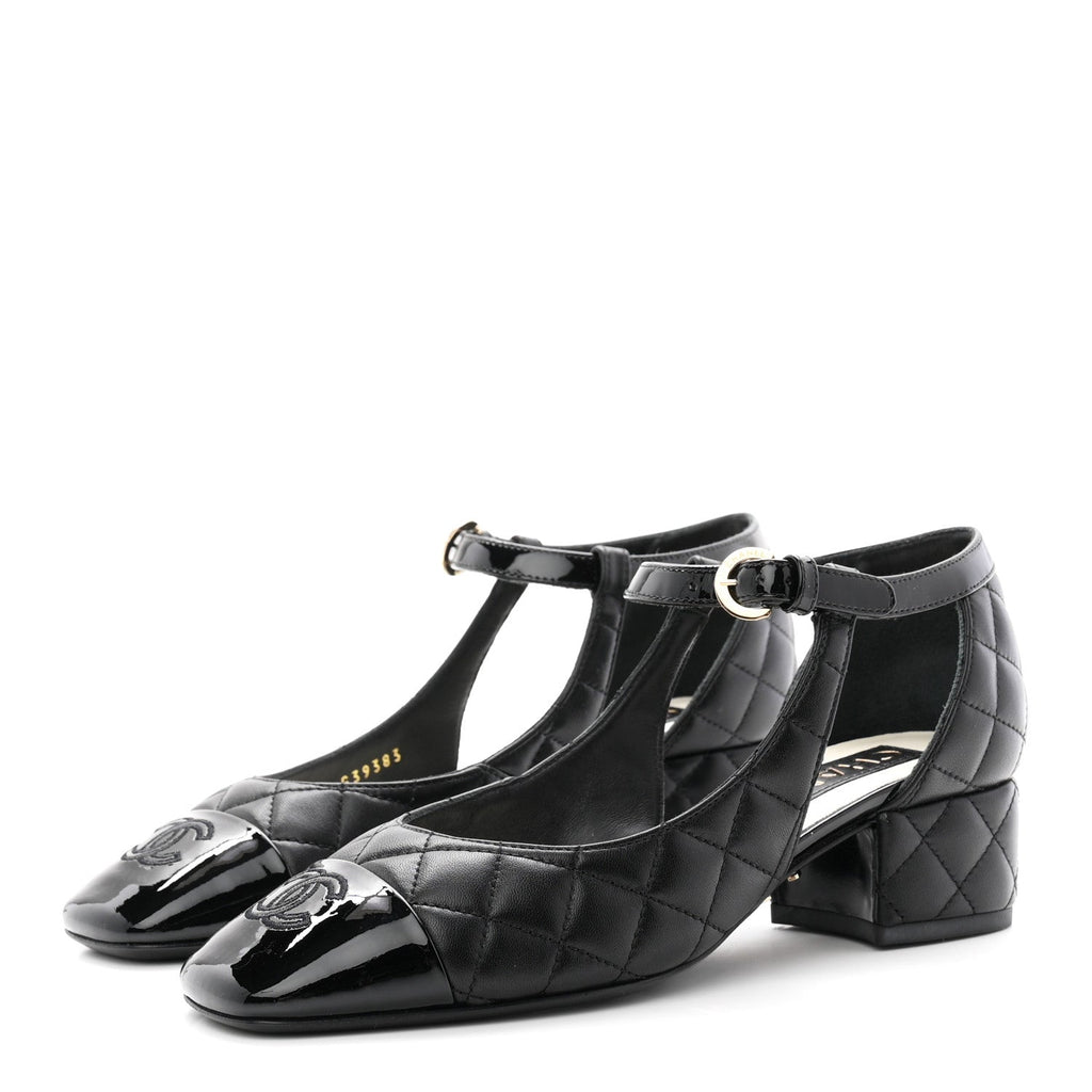 Lambskin Patent Quilted Cap Toe Mary Jane Flats 36 Black