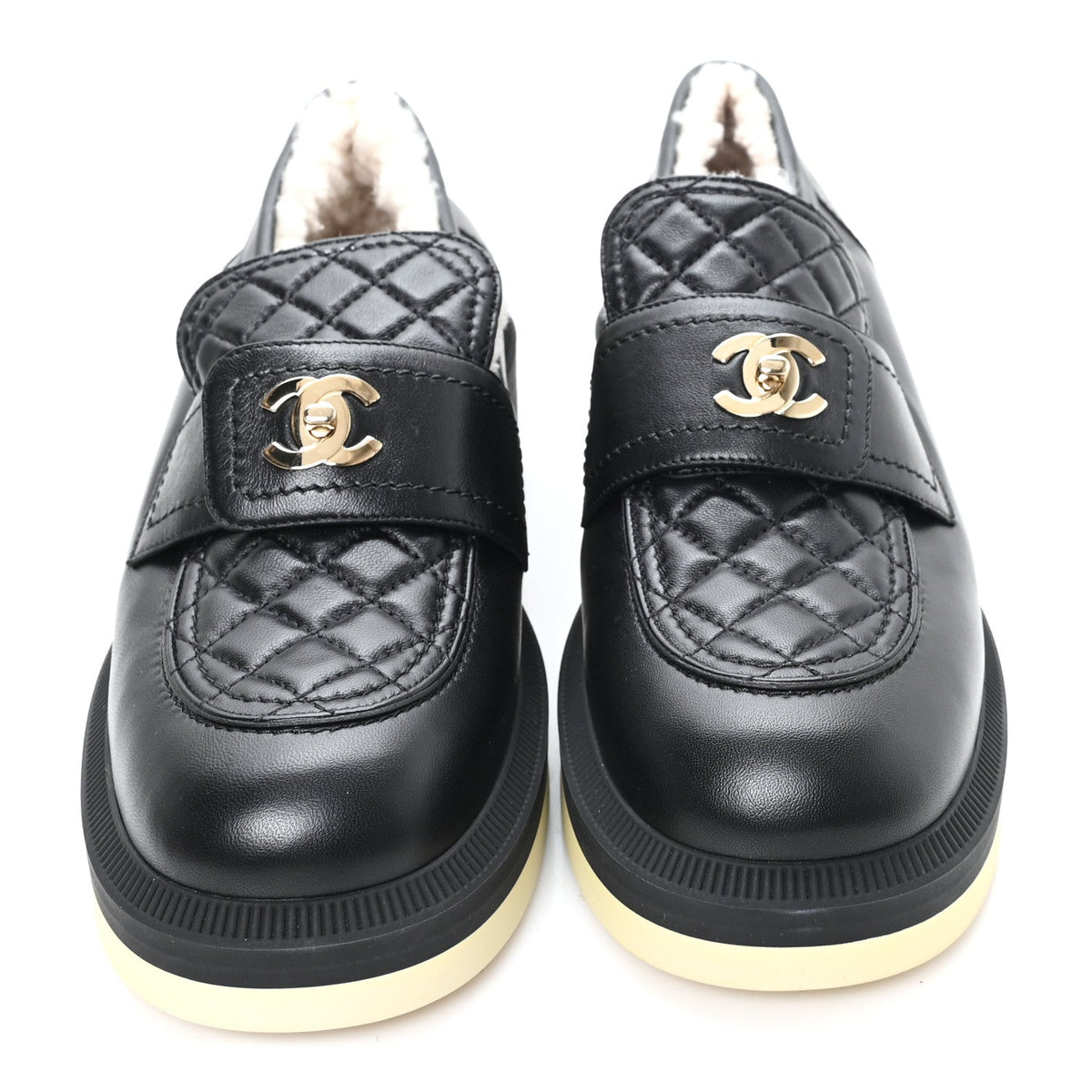 Lambskin Shearling Quilted CC Turnlock Loafers 39 Black