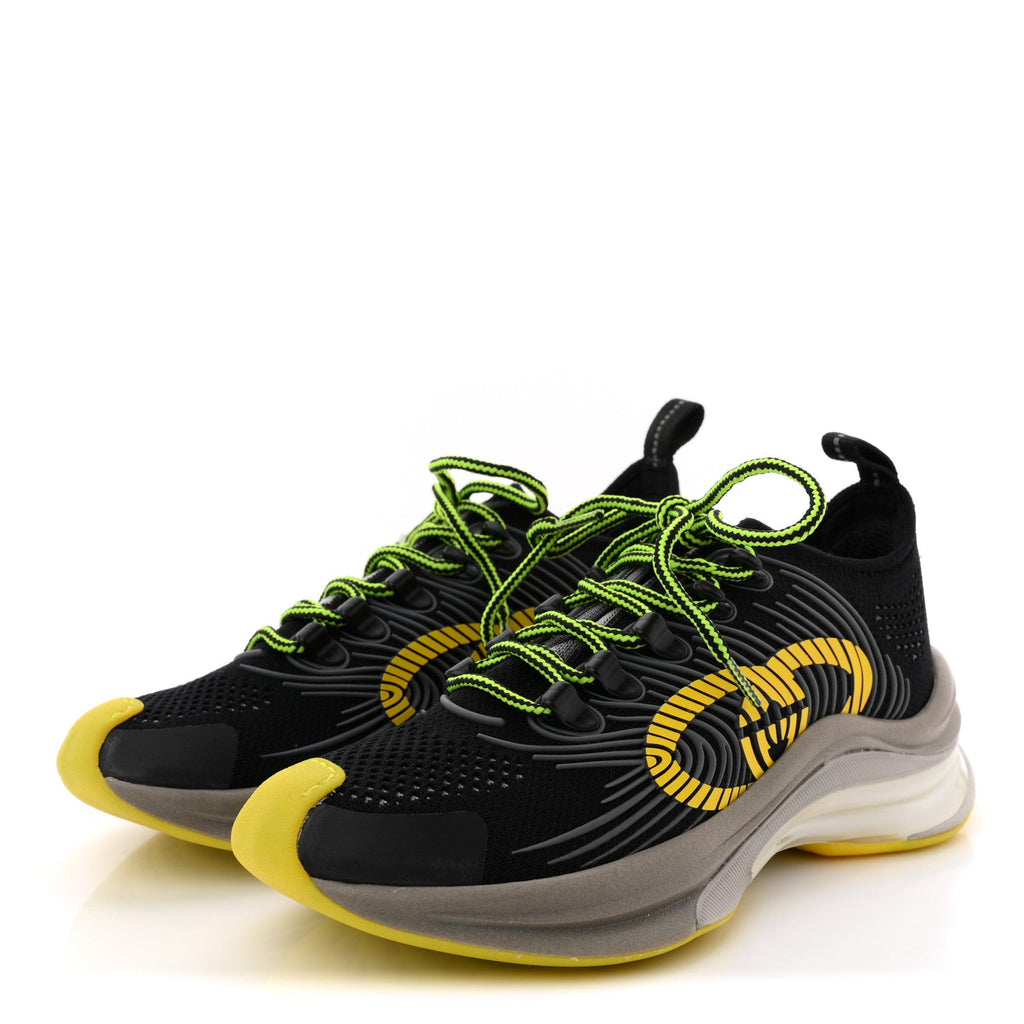 Technical Knit Fabric Waves Womens Gucci Run Sneakers 35 Black Silver Giallo Neon Yellow