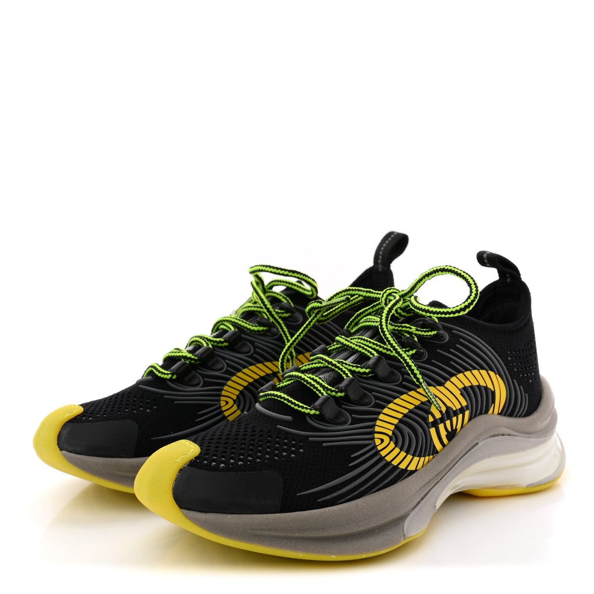 Technical Knit Fabric Waves Womens Gucci Run Sneakers 35 Black Silver Giallo Neon Yellow