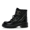 Shiny Goatskin Calfskin Quilted Lace Up Combat Boots 38 Black