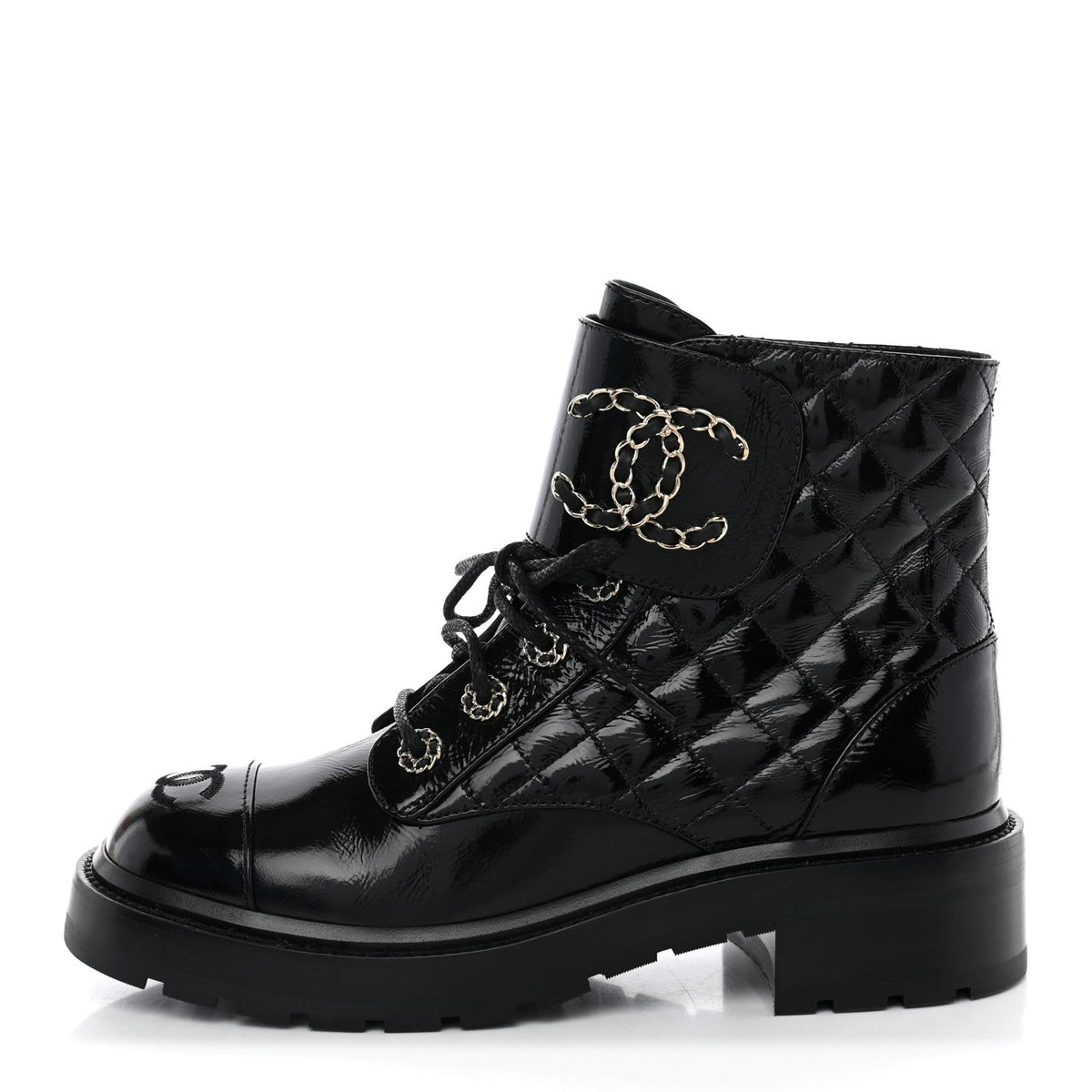 Shiny Goatskin Calfskin Quilted Lace Up Combat Boots 38 Black