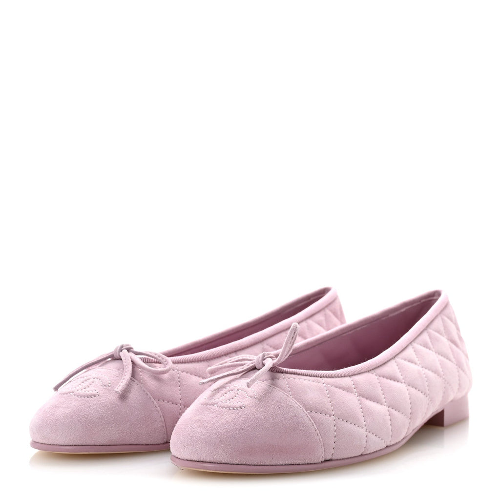 Suede Kidskin Quilted Cap Toe CC Ballerina Flats 38.5 Light Pink