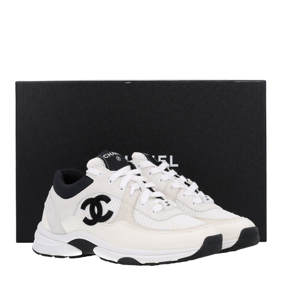 Mesh Suede Grained Calfskin Womens CC Sneakers 36.5 White Black
