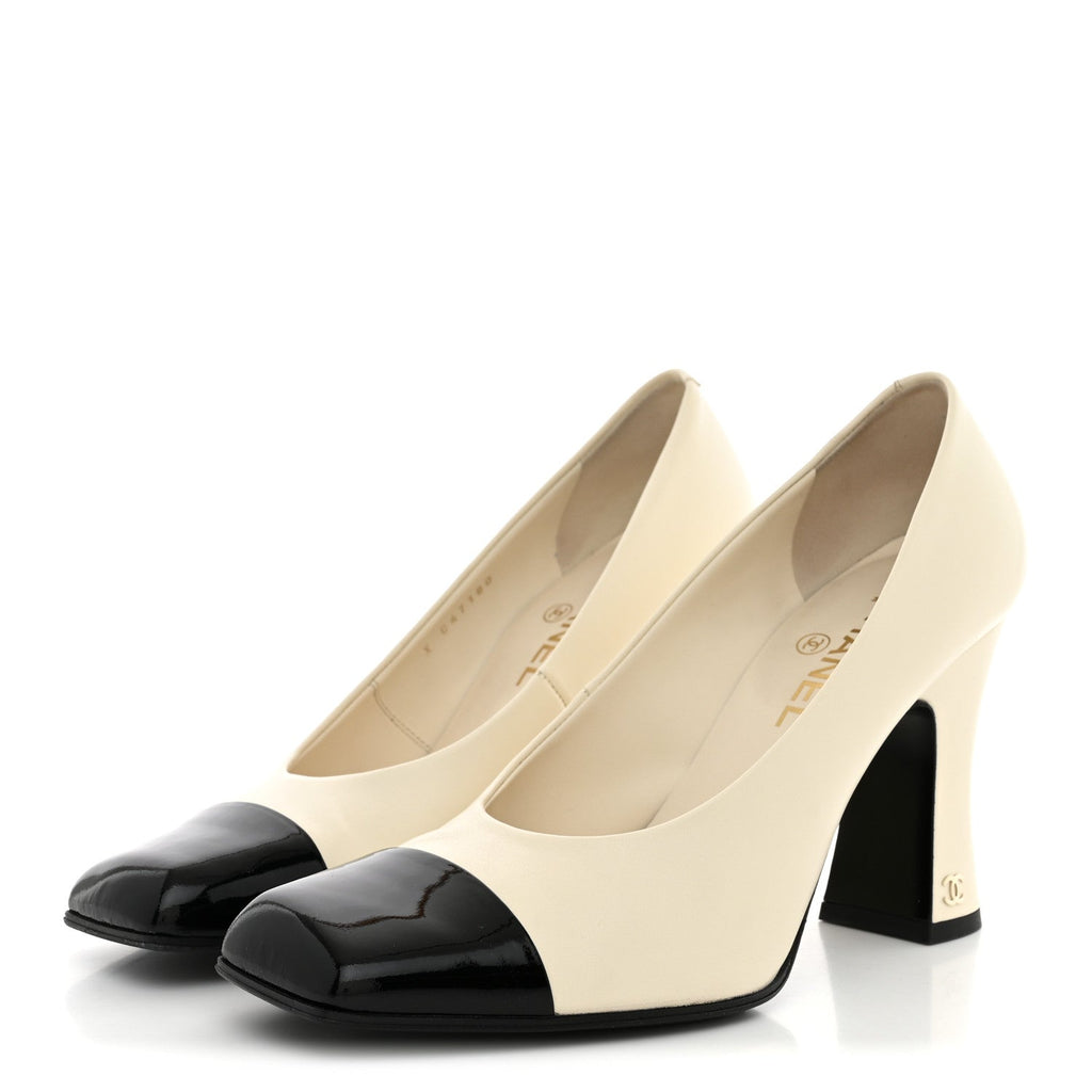 Lambskin Patent Calfskin Cap Toe Pumps 39.5 Ivory Black