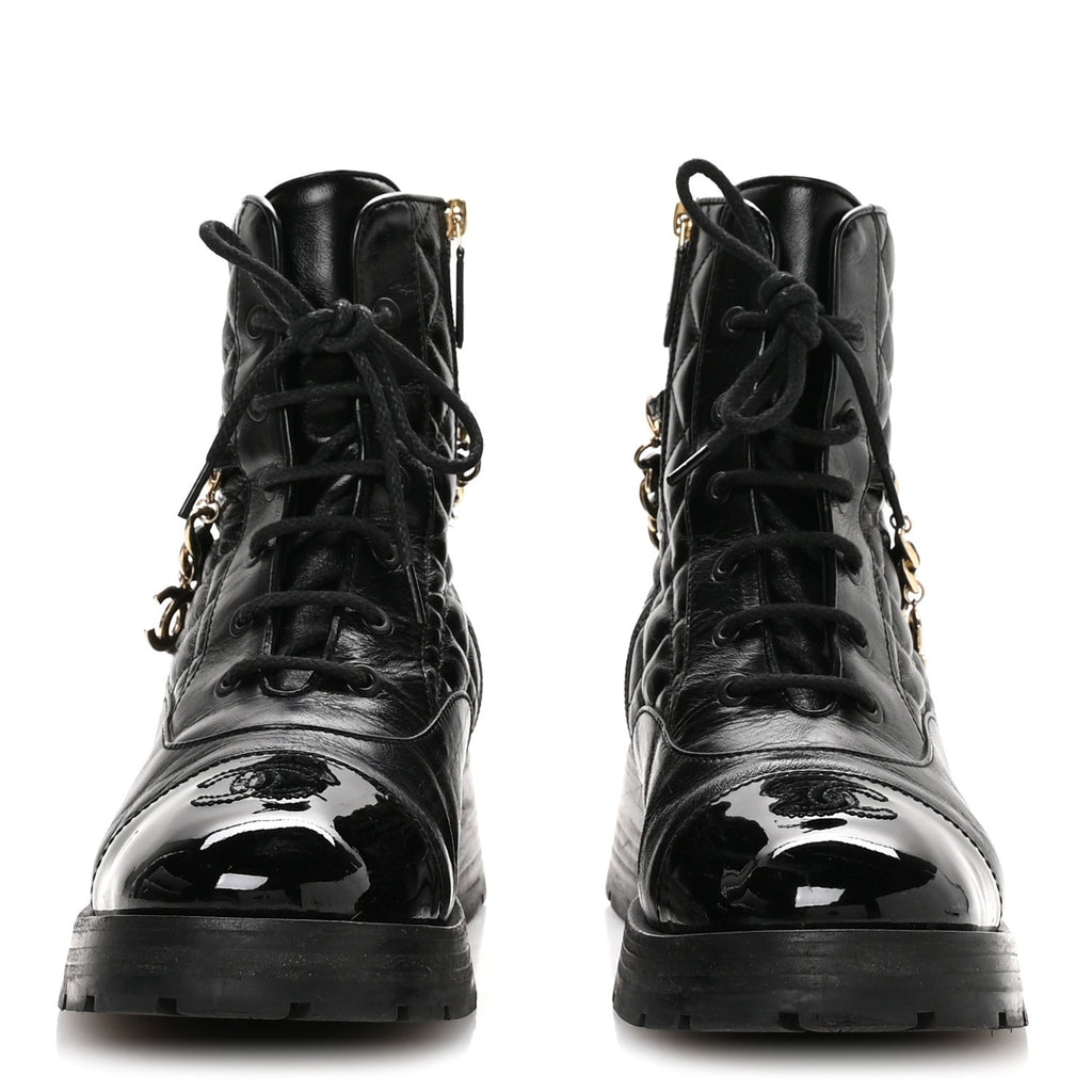 Shiny Calfskin Patent Quilted Chain Lace Up Combat Boots 40.5 Black