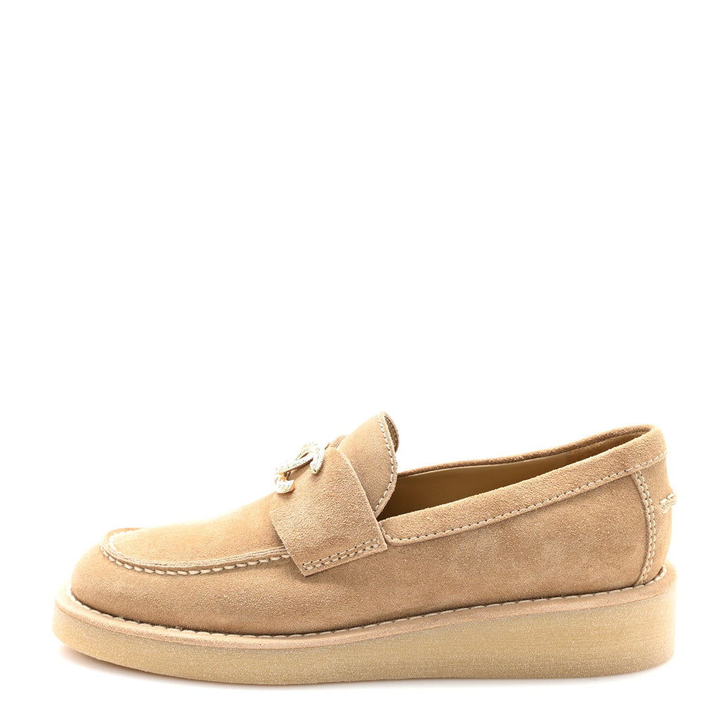 Suede Calfskin Pearl CC Moccasin Loafers 36.5 Dark Beige