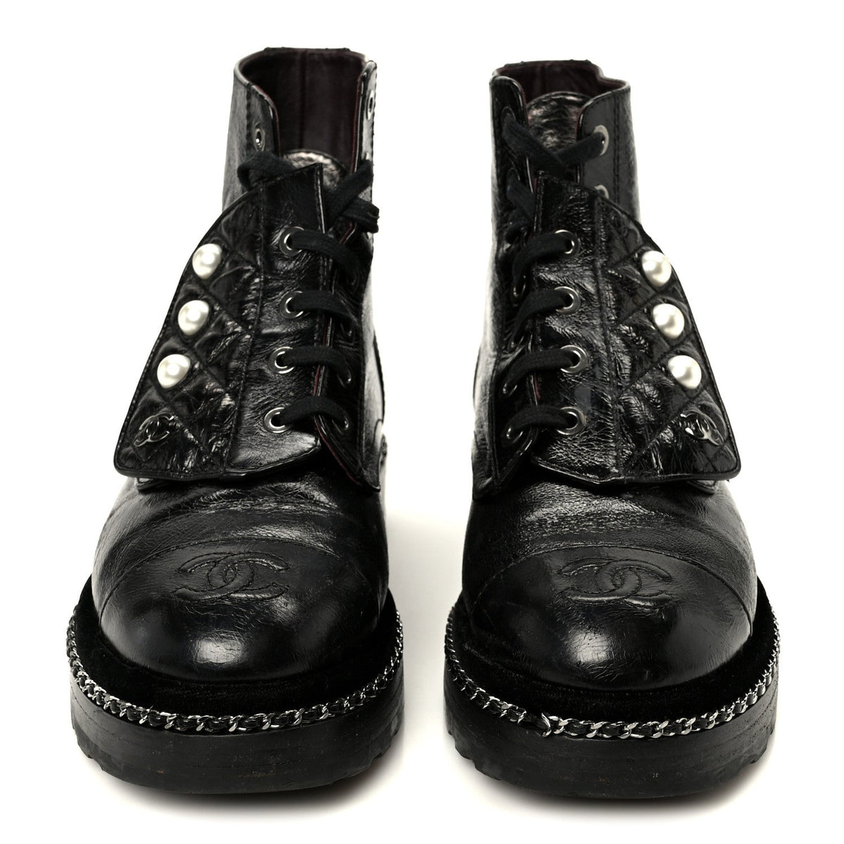 Crackled Calfskin Velvet Pearl Combat Short Boots 36 Black