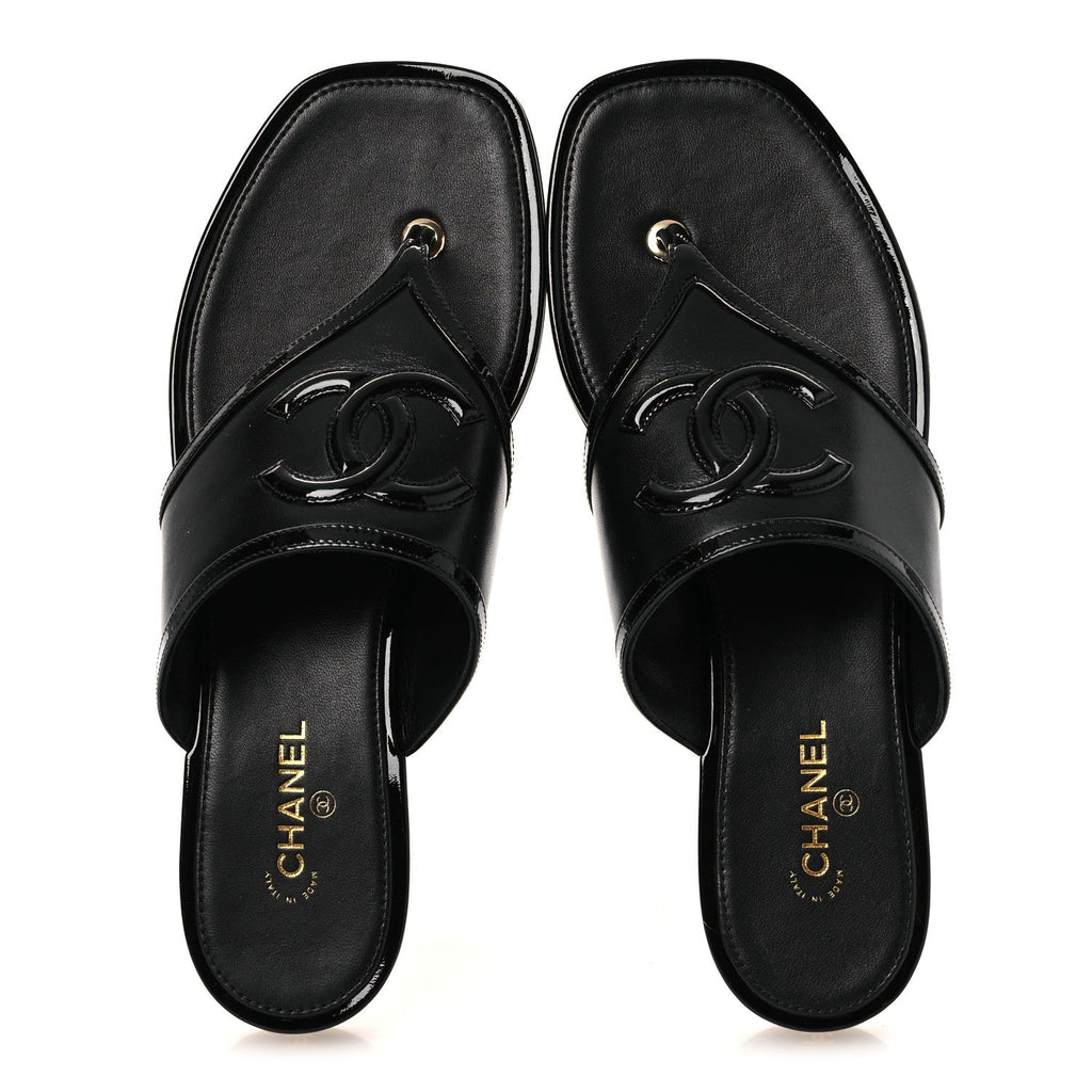 Lambskin Patent Calfskin CC Thong Sandals 39 Black