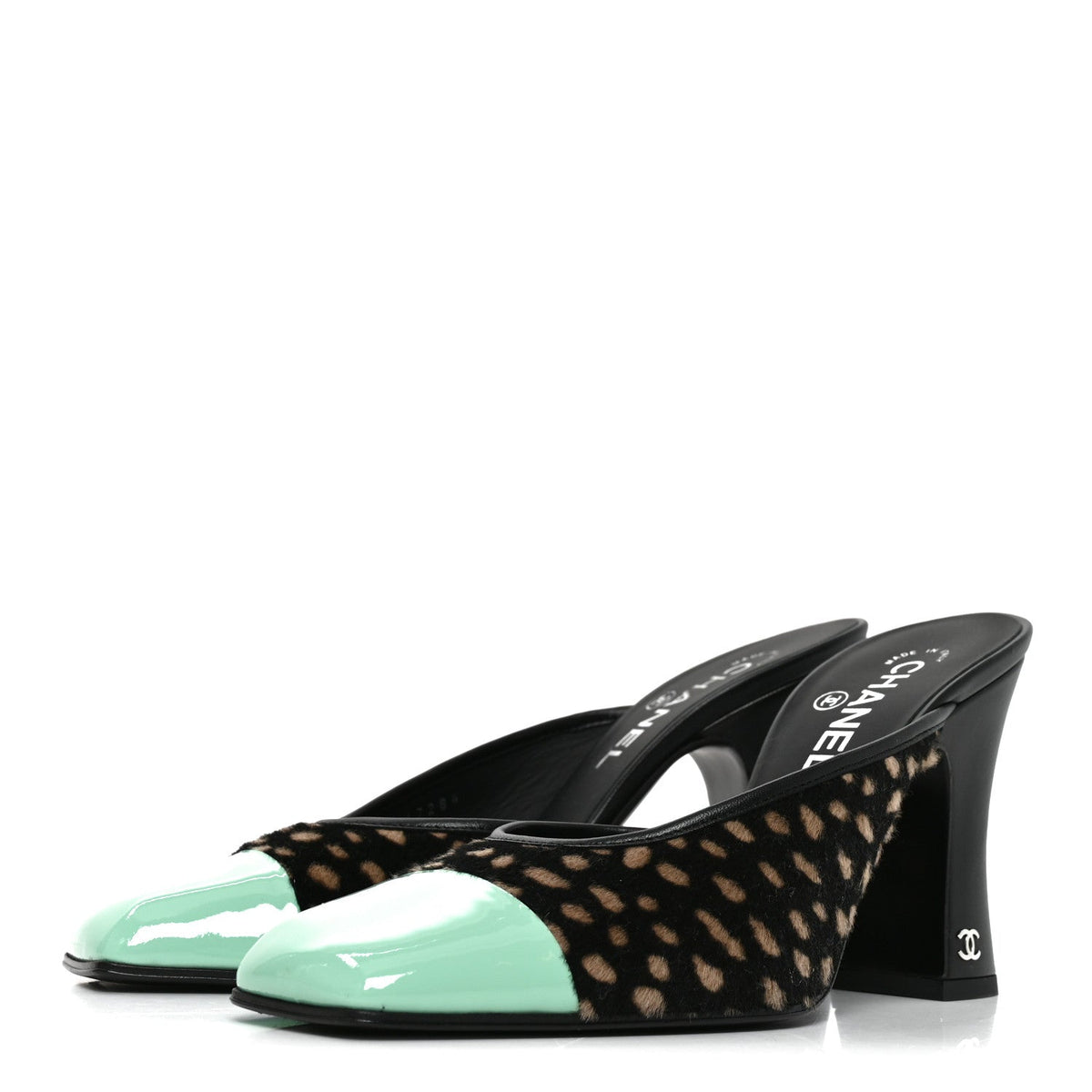 Pony Hair Lambskin Patent Calfskin Cap Toe Mules 39 Black White Green