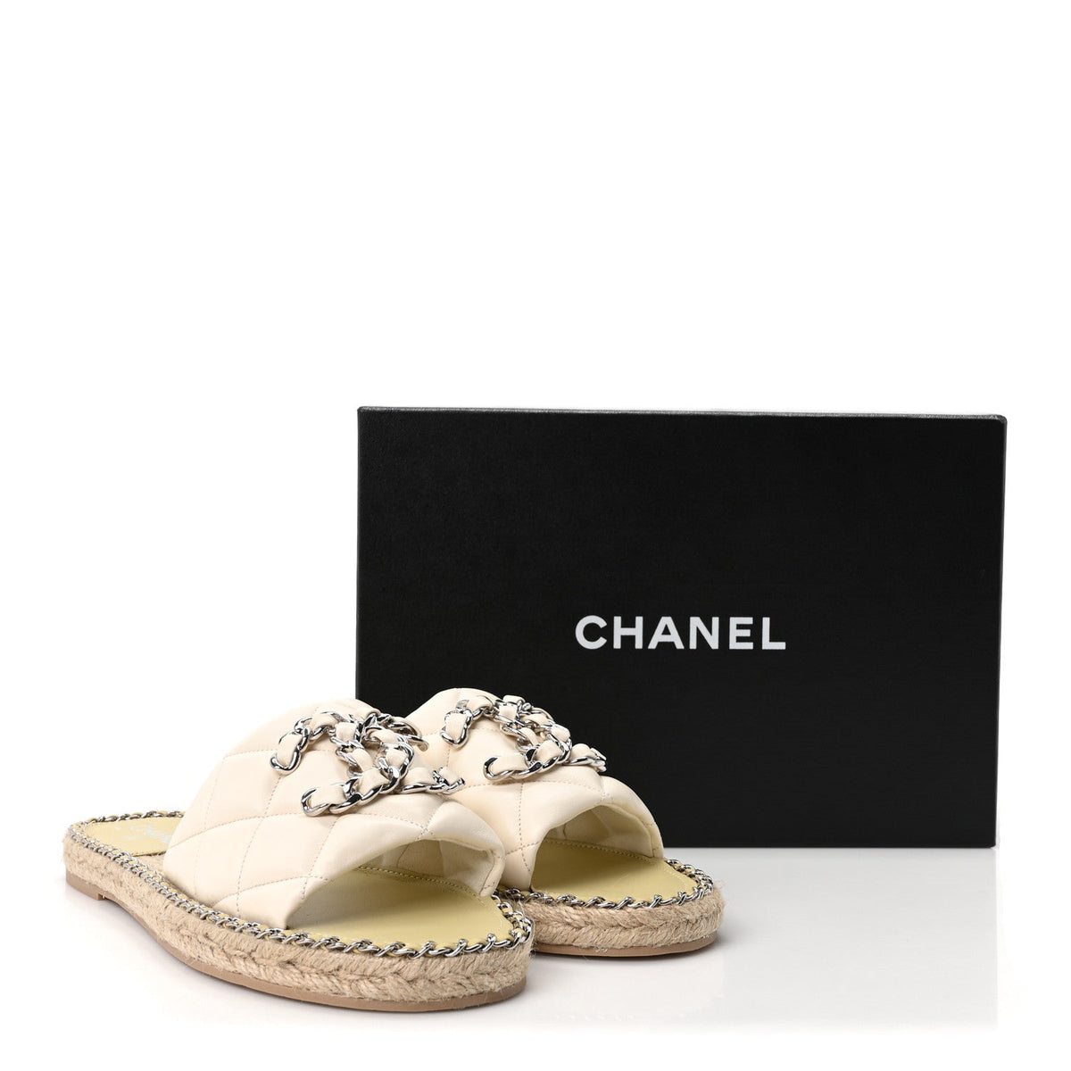 Lambskin Quilted CC Chain Espadrille Mules 41 Ivory
