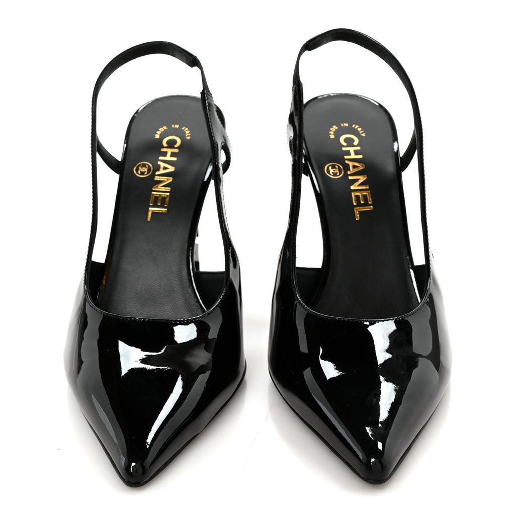 Patent Calfskin Slingback CC Cutout Pumps 38 Black